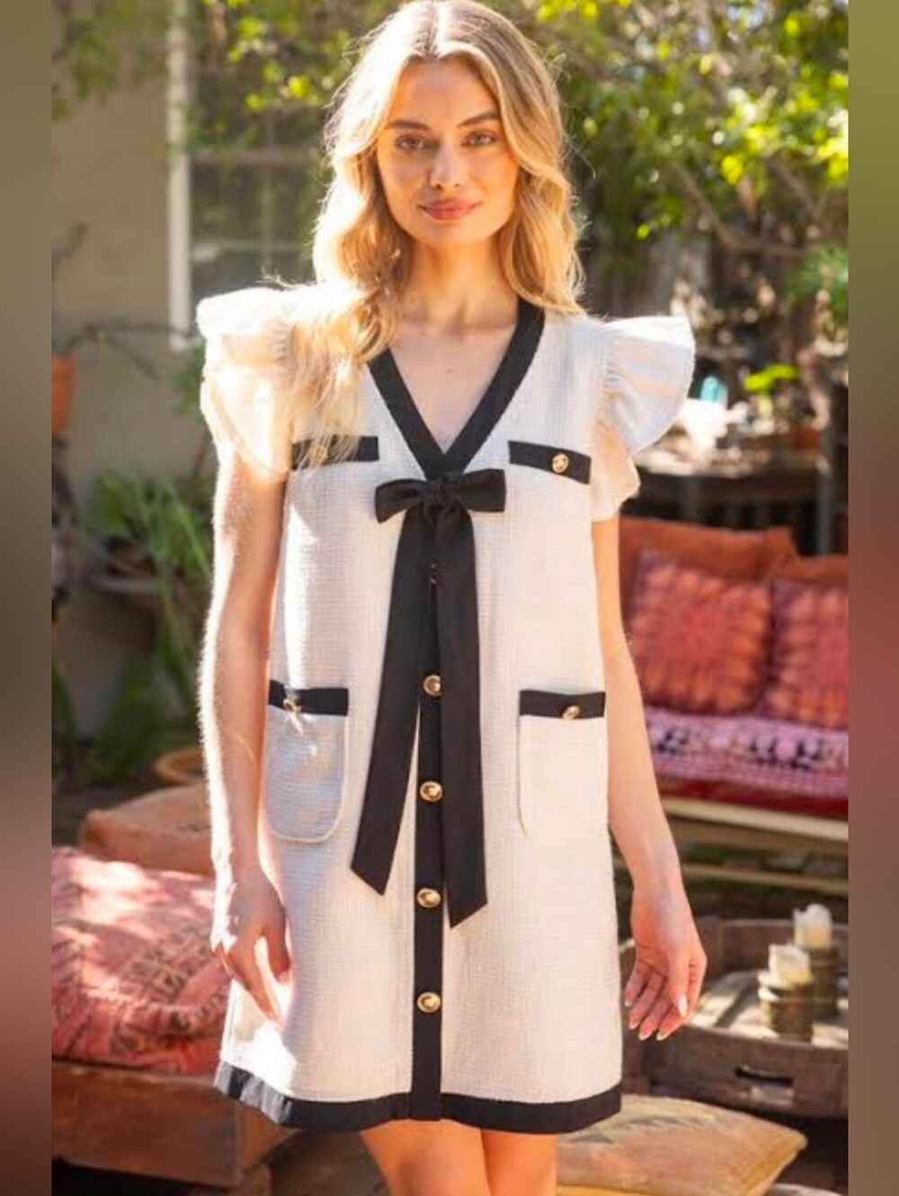 NWOT VOY Cream/Black Ribbon Detailed Tweed  Mini Dress